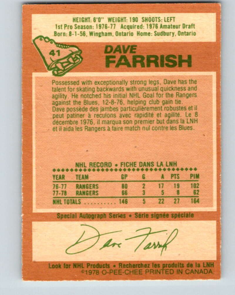 1978-79 O-Pee-Chee #41 Dave Farrish New York Rangers V21396