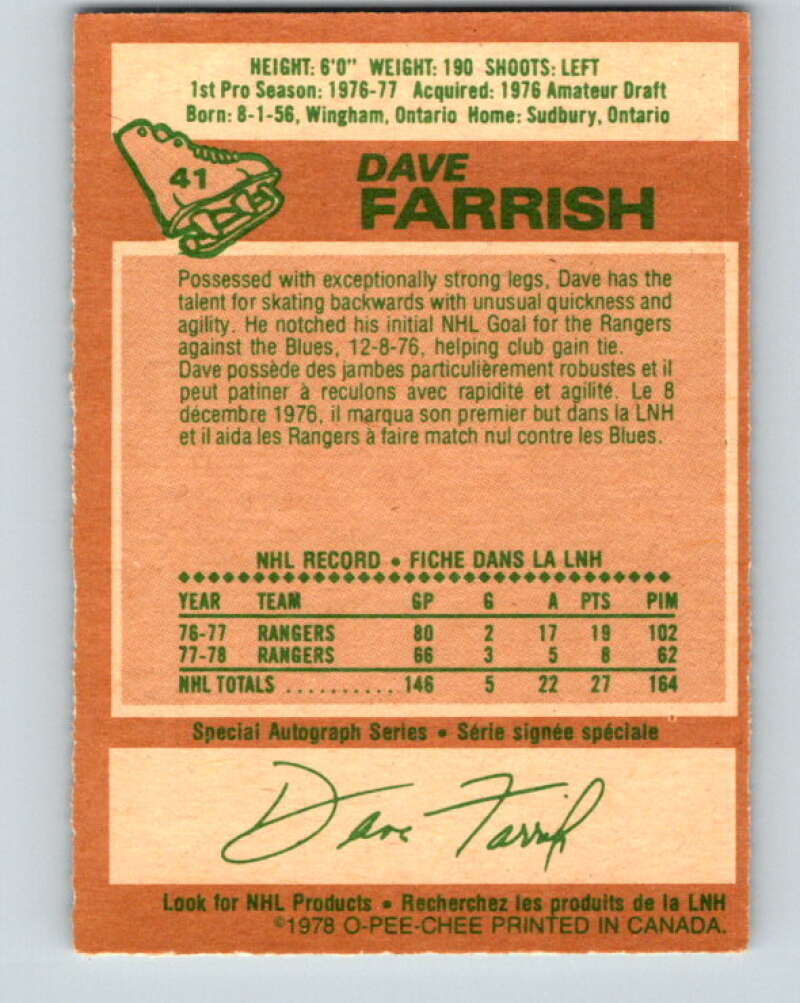 1978-79 O-Pee-Chee #41 Dave Farrish New York Rangers V21398