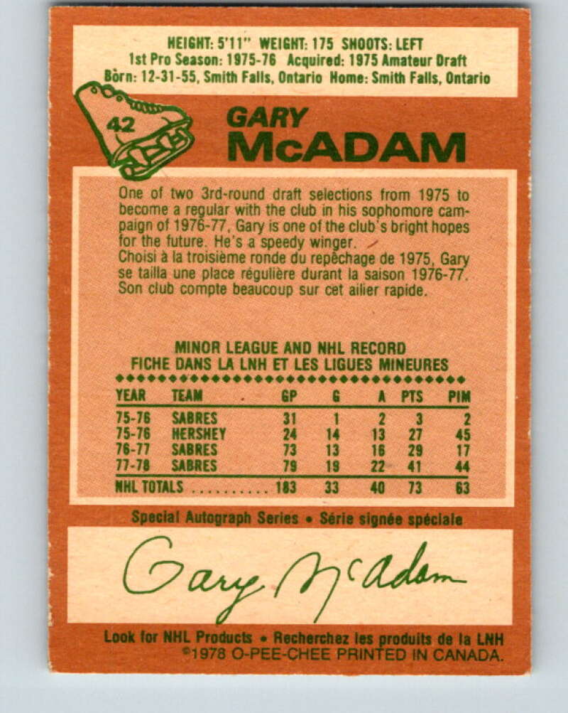 1978-79 O-Pee-Chee #42 Gary McAdam Buffalo Sabres V21401