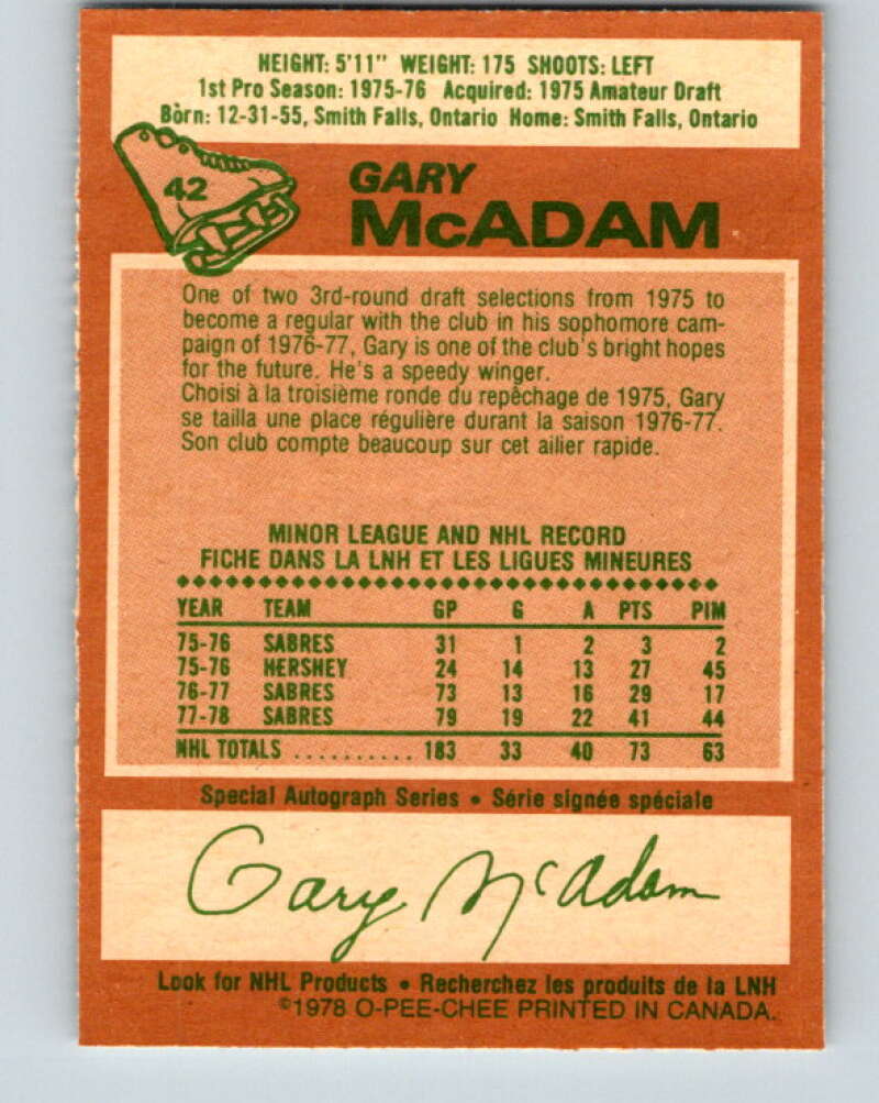 1978-79 O-Pee-Chee #42 Gary McAdam Buffalo Sabres V21402