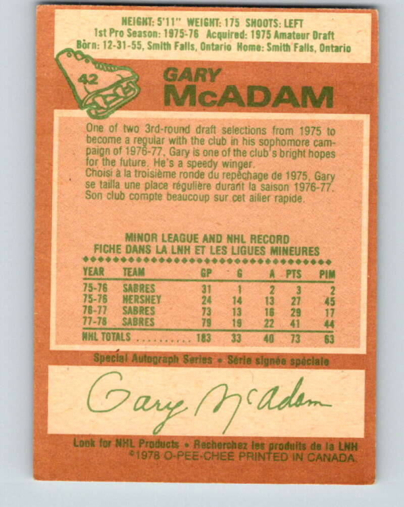 1978-79 O-Pee-Chee #42 Gary McAdam Buffalo Sabres V21403