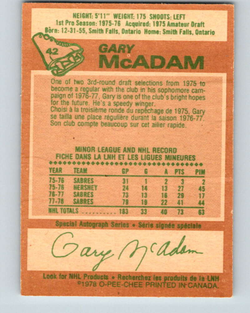 1978-79 O-Pee-Chee #42 Gary McAdam Buffalo Sabres V21407