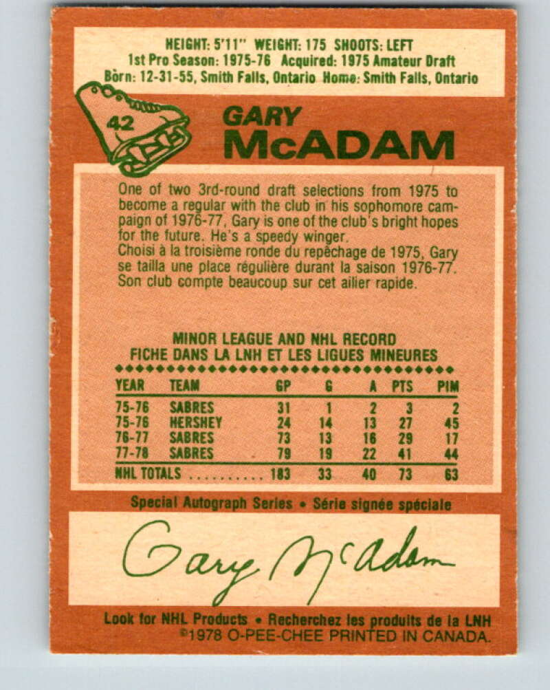 1978-79 O-Pee-Chee #42 Gary McAdam Buffalo Sabres V21410