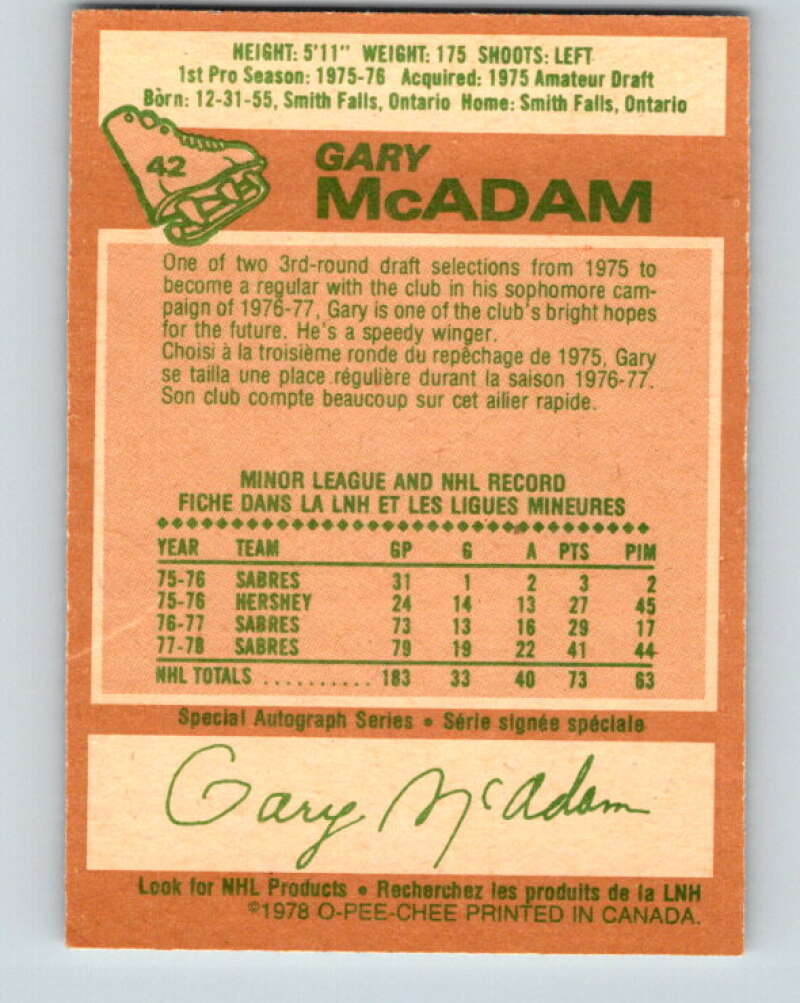 1978-79 O-Pee-Chee #42 Gary McAdam Buffalo Sabres V21413
