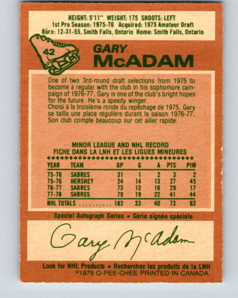 1978-79 O-Pee-Chee #42 Gary McAdam Buffalo Sabres V21414