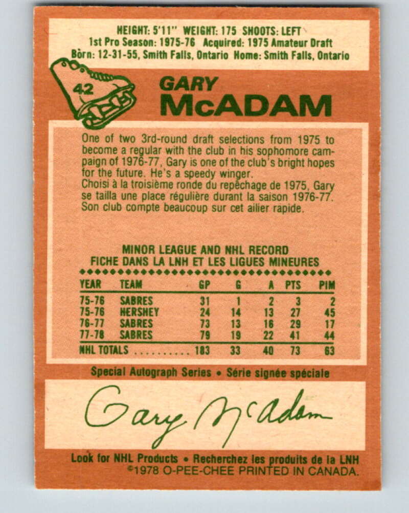1978-79 O-Pee-Chee #42 Gary McAdam Buffalo Sabres V21416