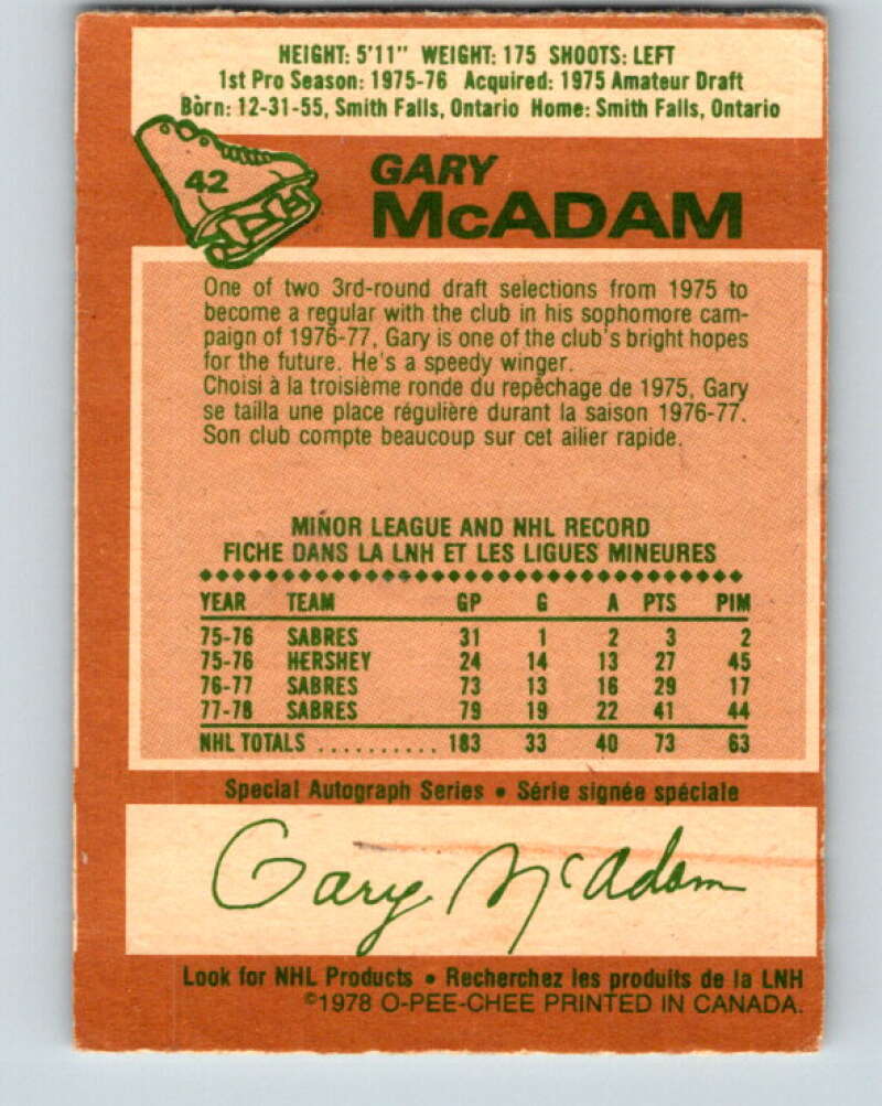 1978-79 O-Pee-Chee #42 Gary McAdam Buffalo Sabres V21418