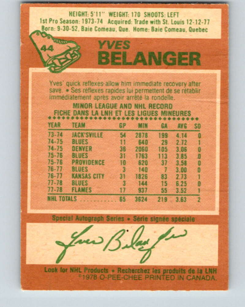 1978-79 O-Pee-Chee #44 Yves Belanger Atlanta Flames V21443