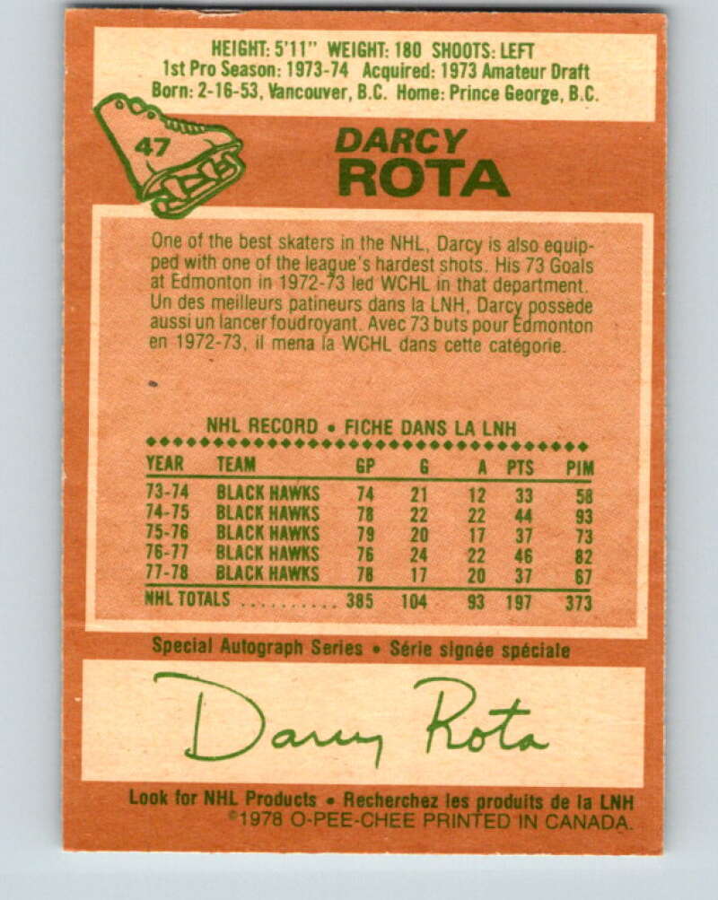 1978-79 O-Pee-Chee #47 Darcy Rota Chicago Blackhawks V21494