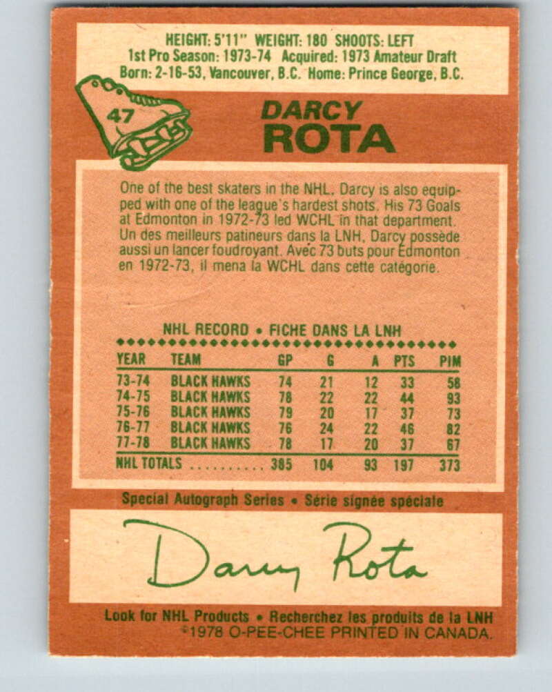 1978-79 O-Pee-Chee #47 Darcy Rota Chicago Blackhawks V21502