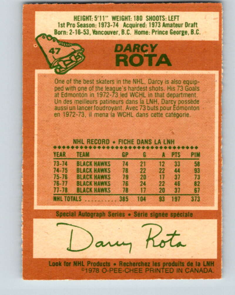 1978-79 O-Pee-Chee #47 Darcy Rota Chicago Blackhawks V21503