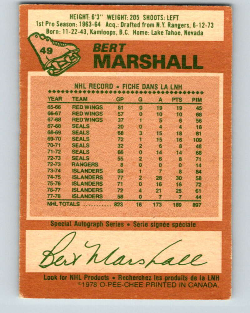 1978-79 O-Pee-Chee #49 Bert Marshall New York Islanders V21522