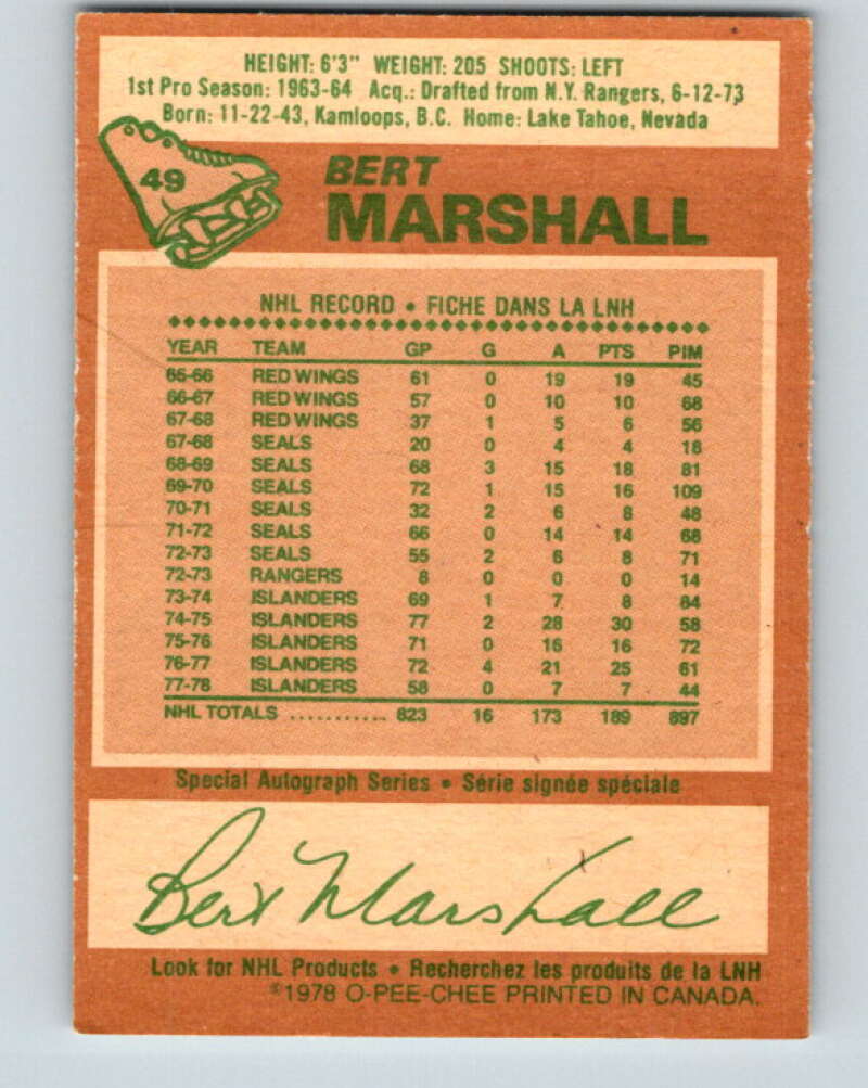 1978-79 O-Pee-Chee #49 Bert Marshall New York Islanders V21526