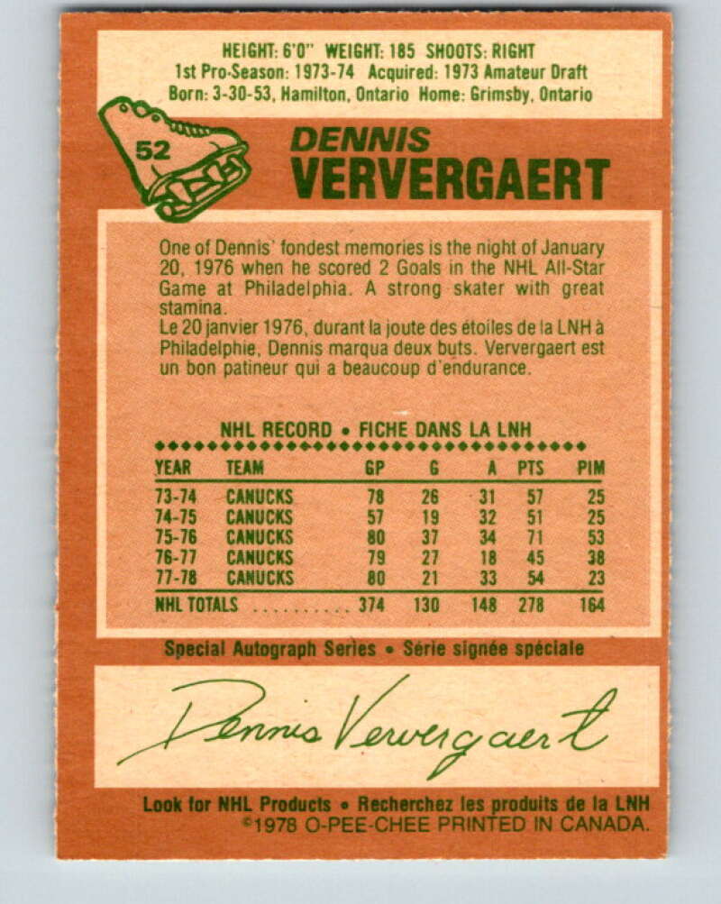 1978-79 O-Pee-Chee #52 Dennis Ververgaert Vancouver Canucks V21565