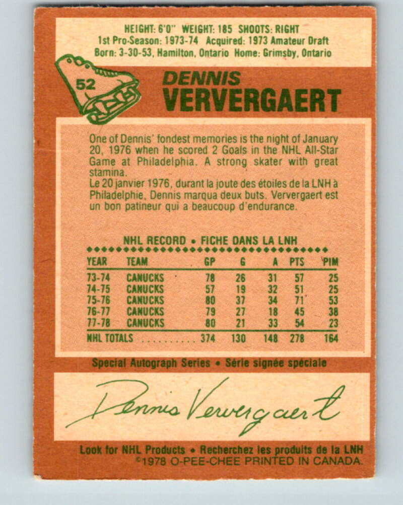 1978-79 O-Pee-Chee #52 Dennis Ververgaert Vancouver Canucks V21566