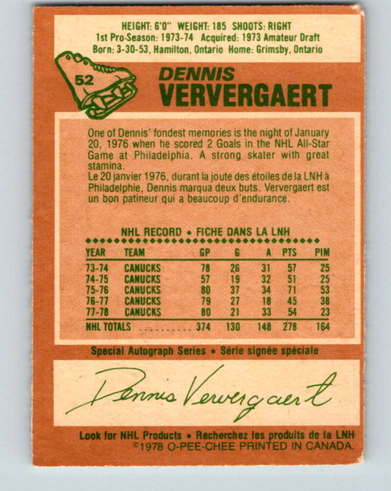 1978-79 O-Pee-Chee #52 Dennis Ververgaert Vancouver Canucks V21568