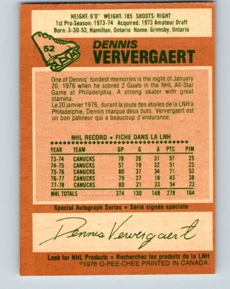 1978-79 O-Pee-Chee #52 Dennis Ververgaert Vancouver Canucks V21573