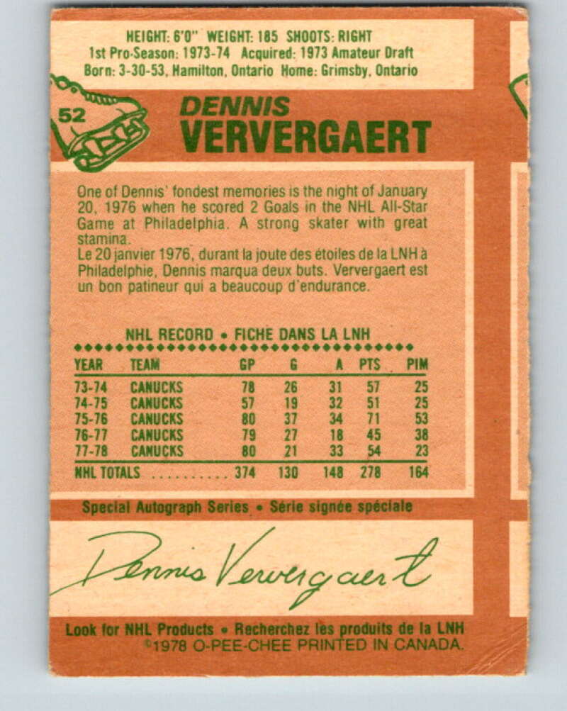 1978-79 O-Pee-Chee #52 Dennis Ververgaert Vancouver Canucks V21574