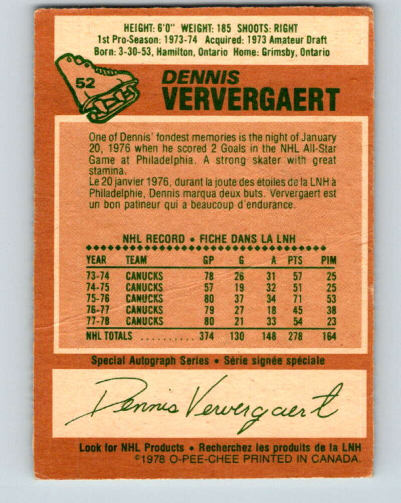 1978-79 O-Pee-Chee #52 Dennis Ververgaert Vancouver Canucks V21576