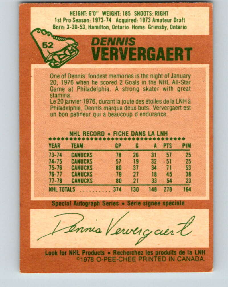 1978-79 O-Pee-Chee #52 Dennis Ververgaert Vancouver Canucks V21577