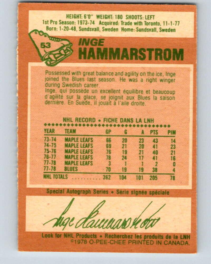 1978-79 O-Pee-Chee #53 Inge Hammarstrom St. Louis Blues V21585