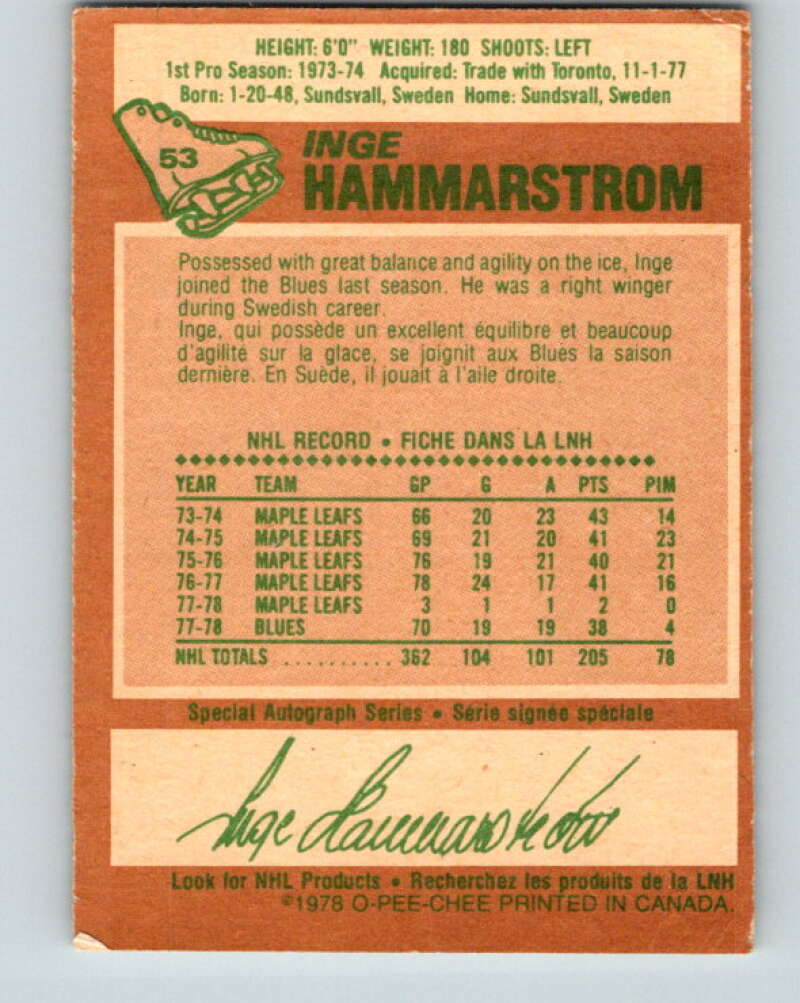 1978-79 O-Pee-Chee #53 Inge Hammarstrom St. Louis Blues V21587