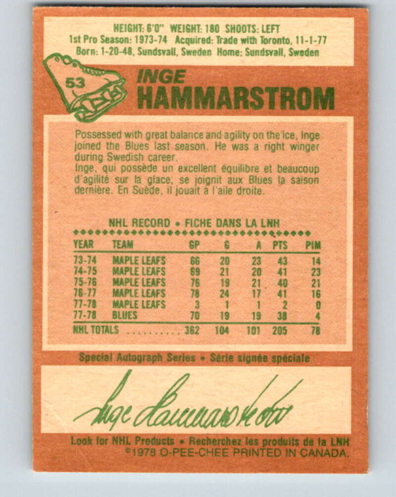 1978-79 O-Pee-Chee #53 Inge Hammarstrom St. Louis Blues V21588
