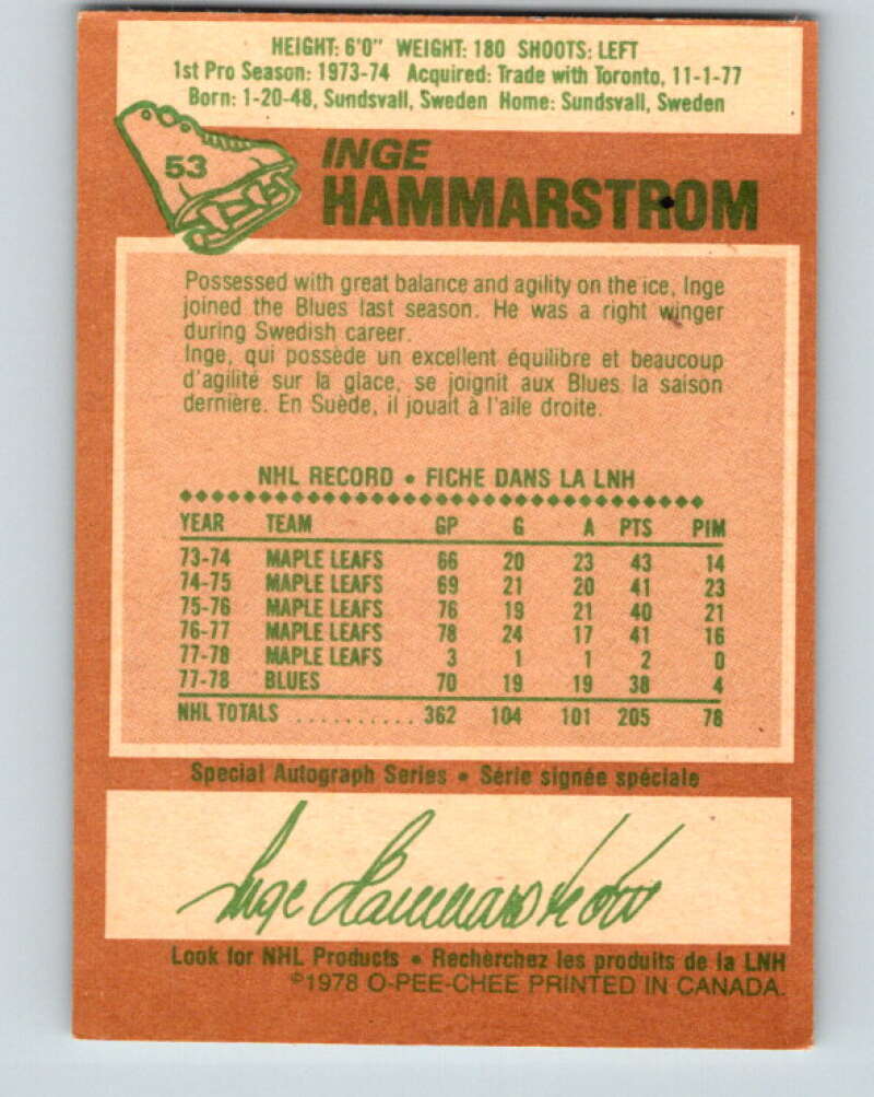 1978-79 O-Pee-Chee #53 Inge Hammarstrom St. Louis Blues V21589