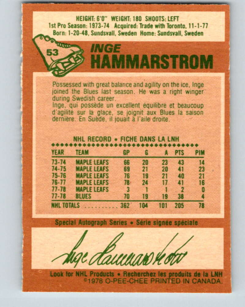 1978-79 O-Pee-Chee #53 Inge Hammarstrom St. Louis Blues V21591