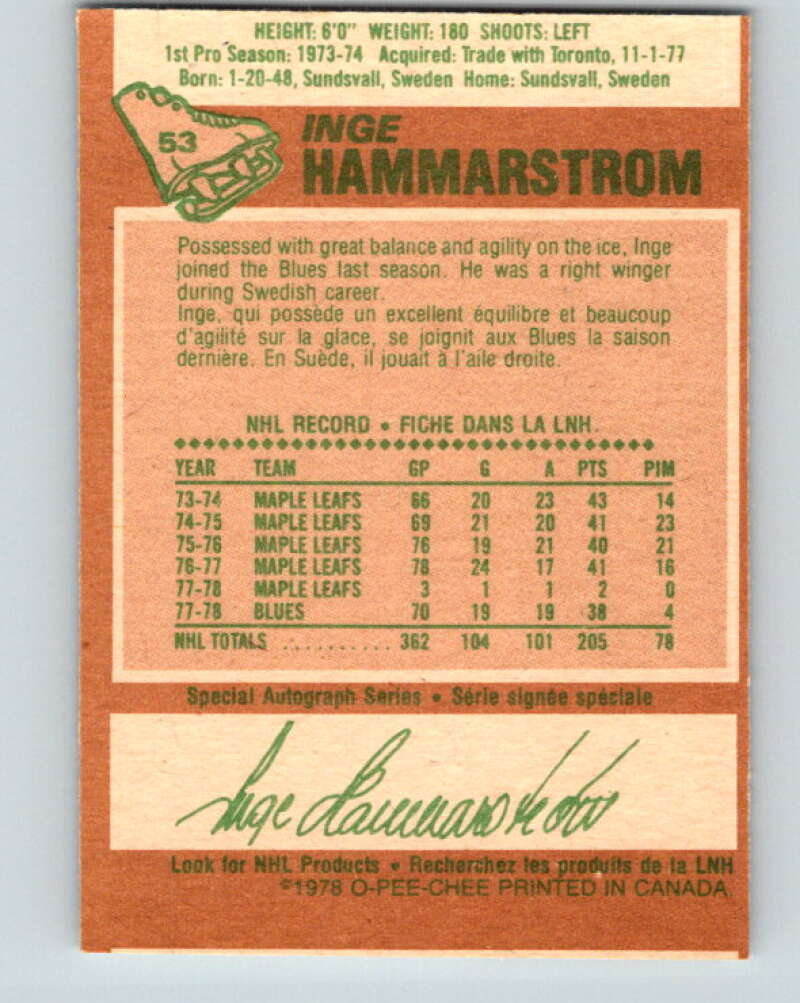1978-79 O-Pee-Chee #53 Inge Hammarstrom St. Louis Blues V21592
