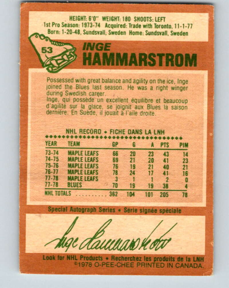 1978-79 O-Pee-Chee #53 Inge Hammarstrom St. Louis Blues V21593