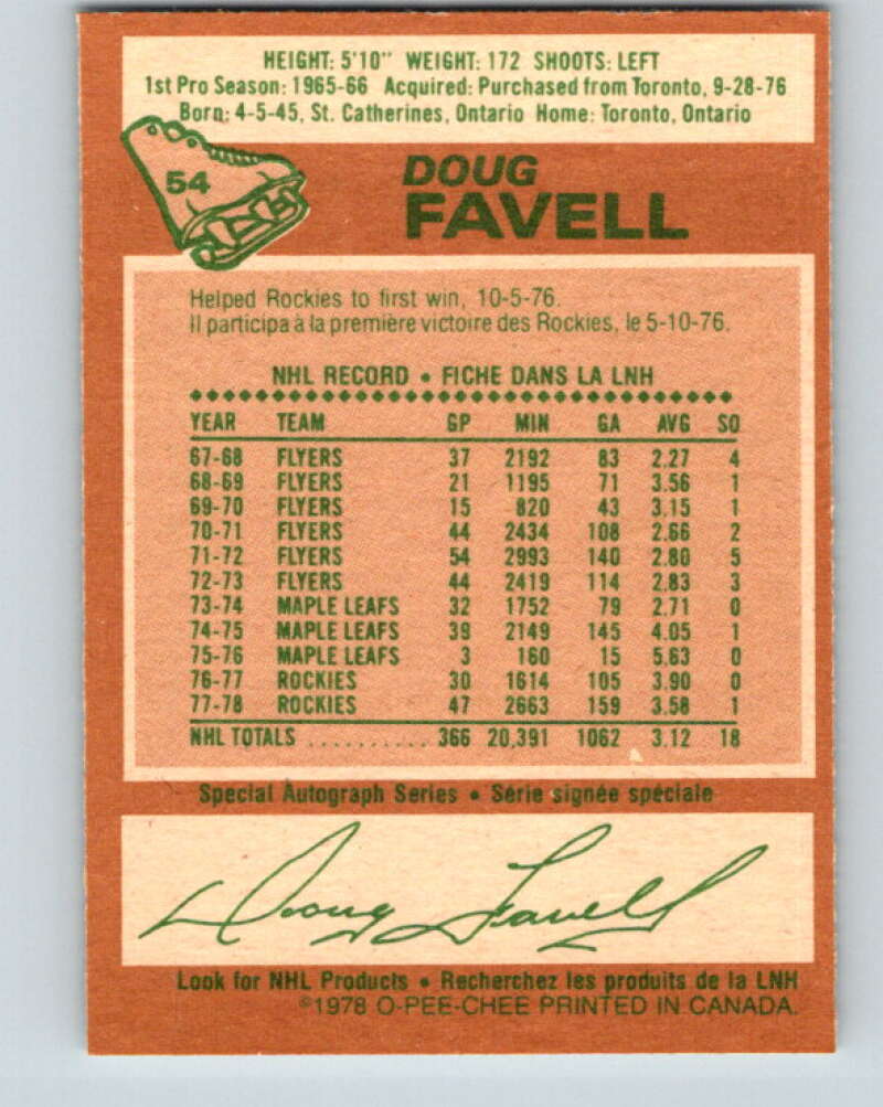 1978-79 O-Pee-Chee #54 Doug Favell Colorado Rockies V21597