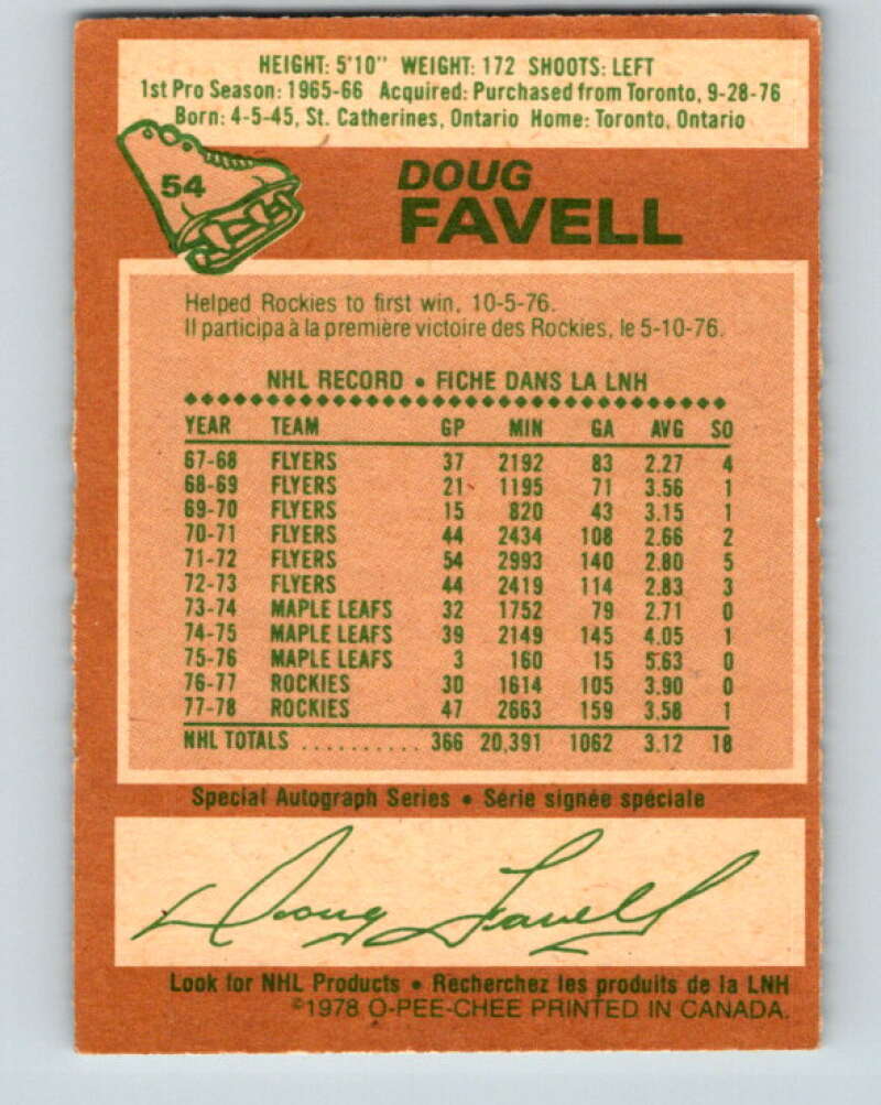 1978-79 O-Pee-Chee #54 Doug Favell Colorado Rockies V21611