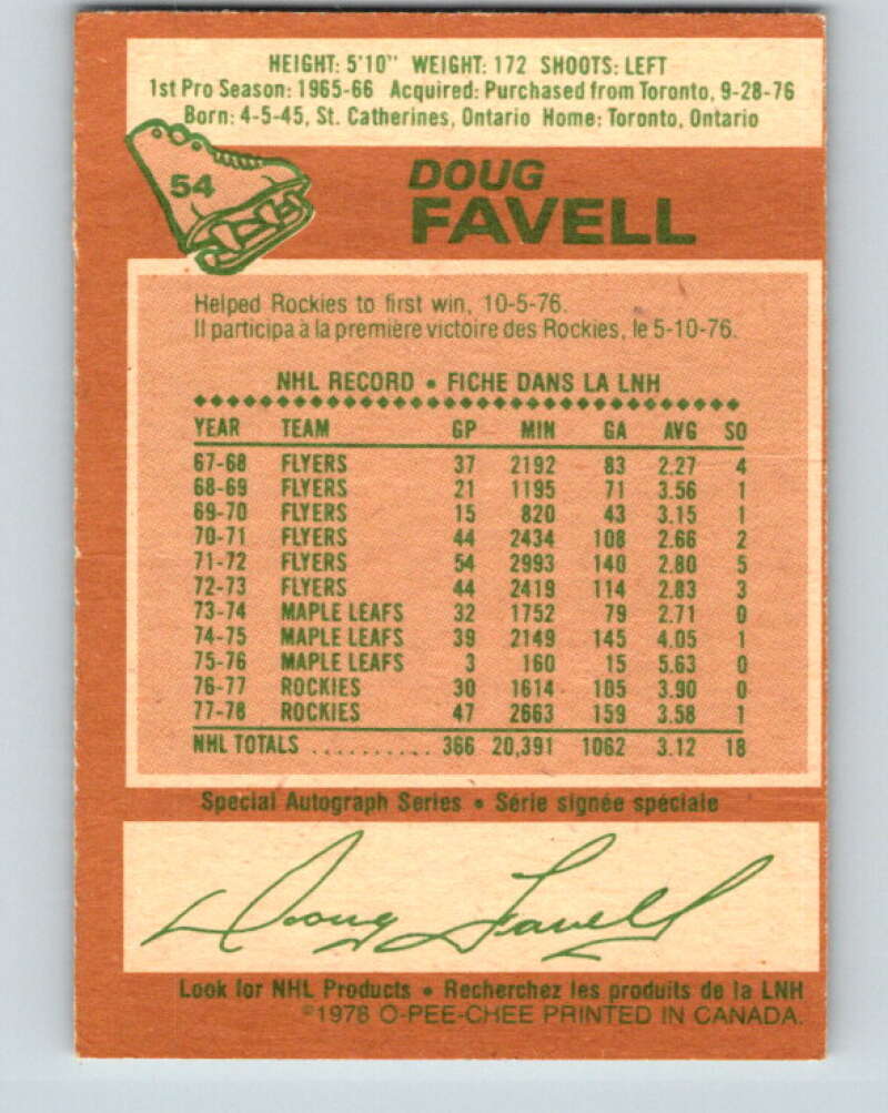 1978-79 O-Pee-Chee #54 Doug Favell Colorado Rockies V21612