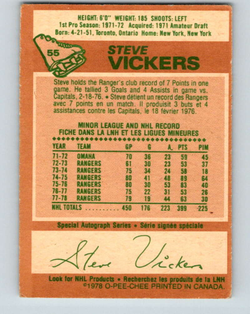 1978-79 O-Pee-Chee #55 Steve Vickers New York Rangers V21622
