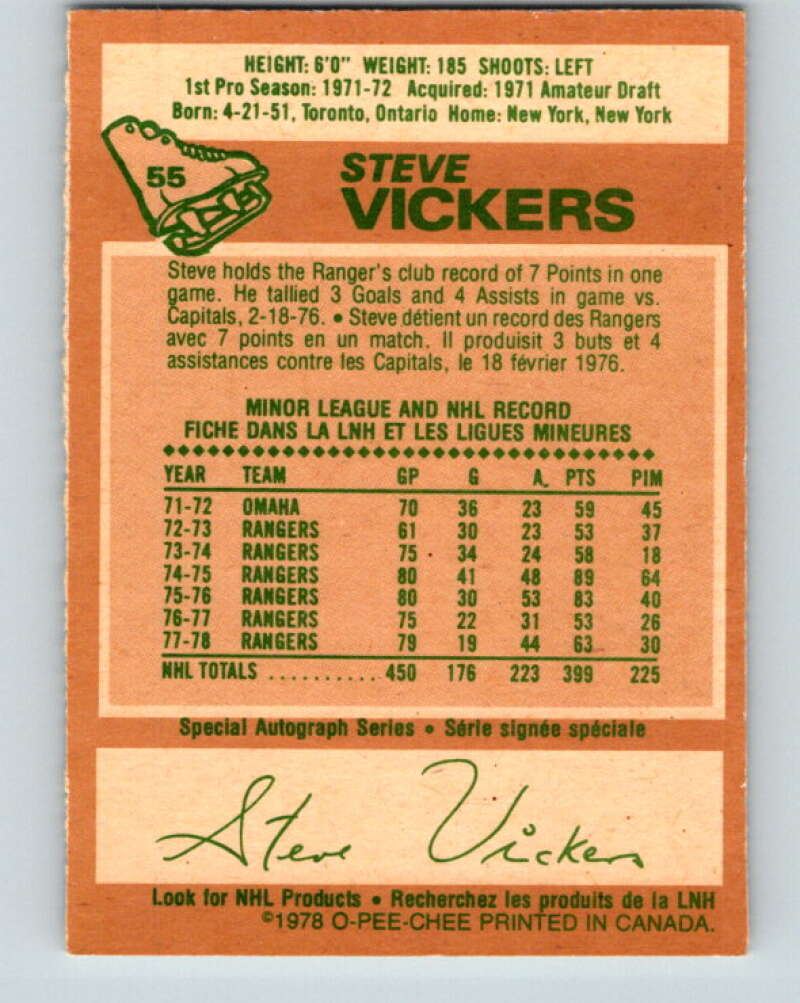 1978-79 O-Pee-Chee #55 Steve Vickers New York Rangers V21625