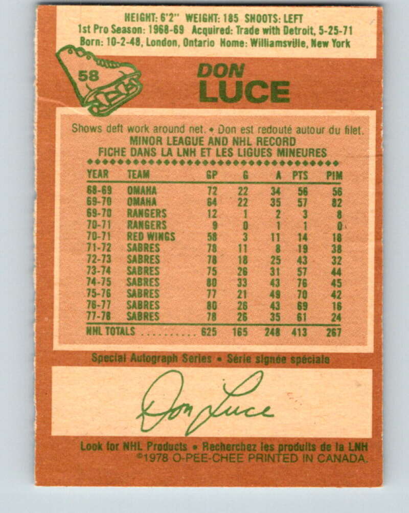 1978-79 O-Pee-Chee #58 Don Luce Buffalo Sabres V21665