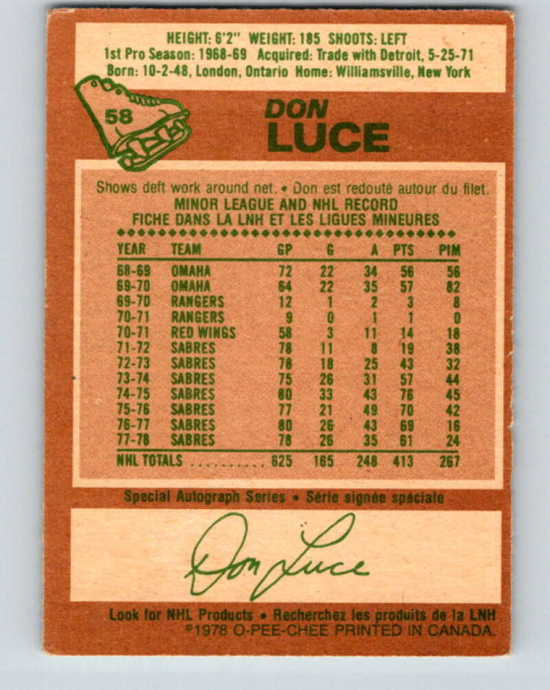 1978-79 O-Pee-Chee #58 Don Luce Buffalo Sabres V21667