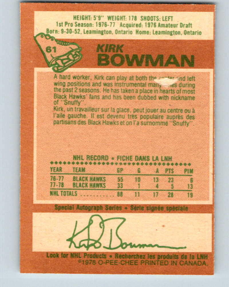 1978-79 O-Pee-Chee #61 Kirk Bowman Chicago Blackhawks V21699