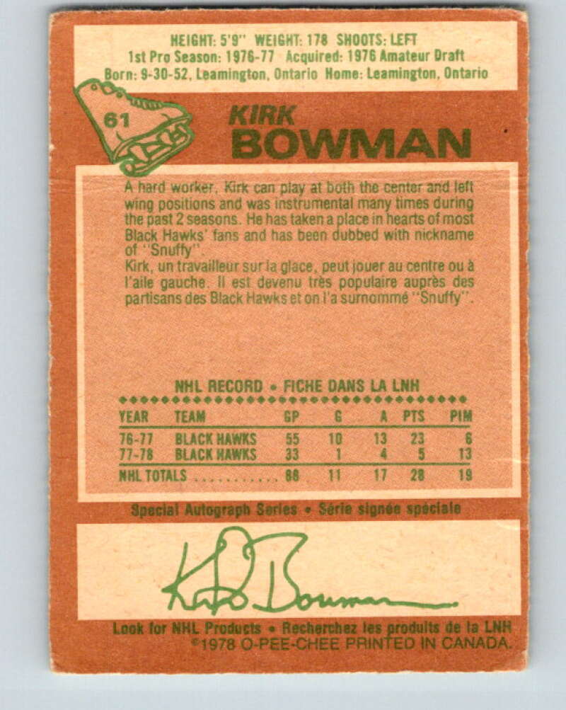 1978-79 O-Pee-Chee #61 Kirk Bowman Chicago Blackhawks V21700