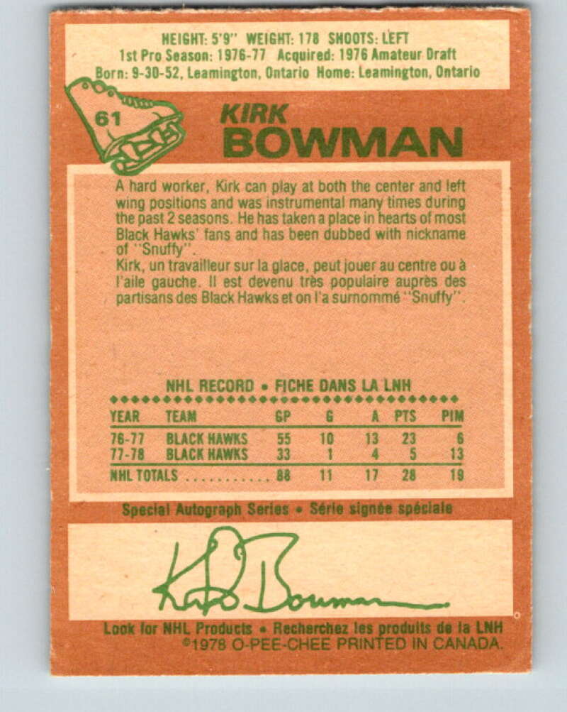 1978-79 O-Pee-Chee #61 Kirk Bowman Chicago Blackhawks V21702