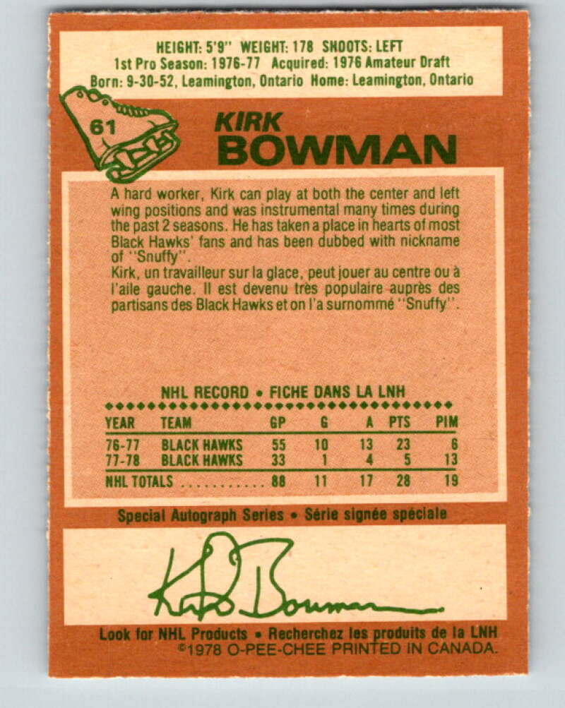 1978-79 O-Pee-Chee #61 Kirk Bowman Chicago Blackhawks V21703