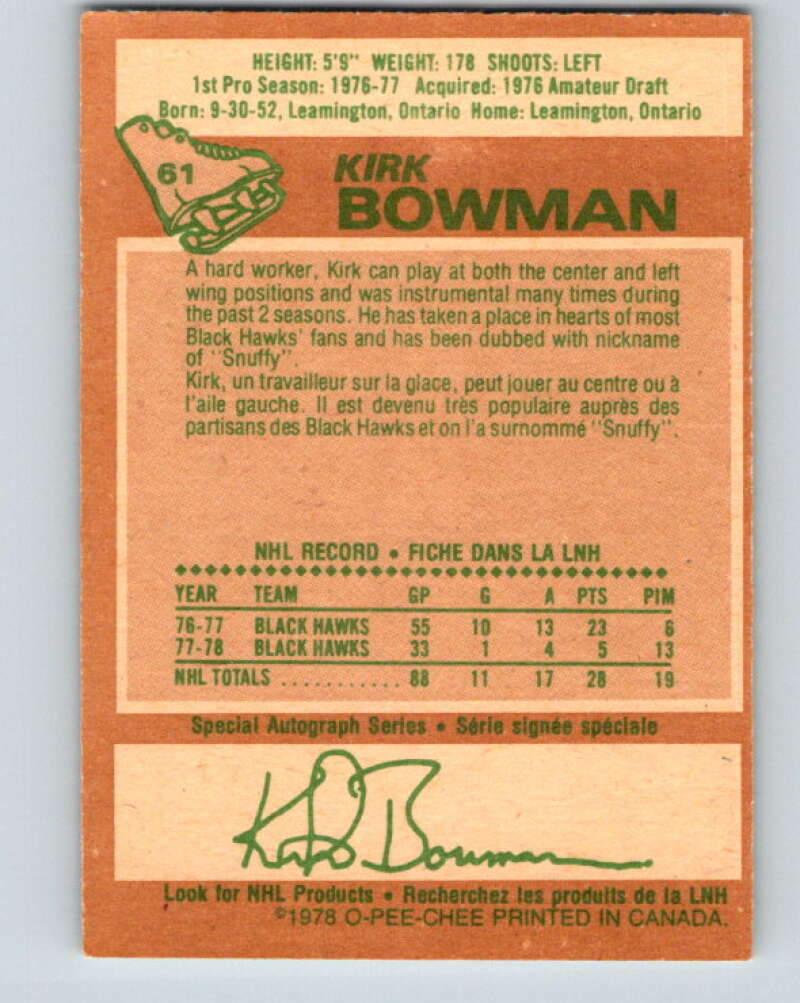 1978-79 O-Pee-Chee #61 Kirk Bowman Chicago Blackhawks V21704