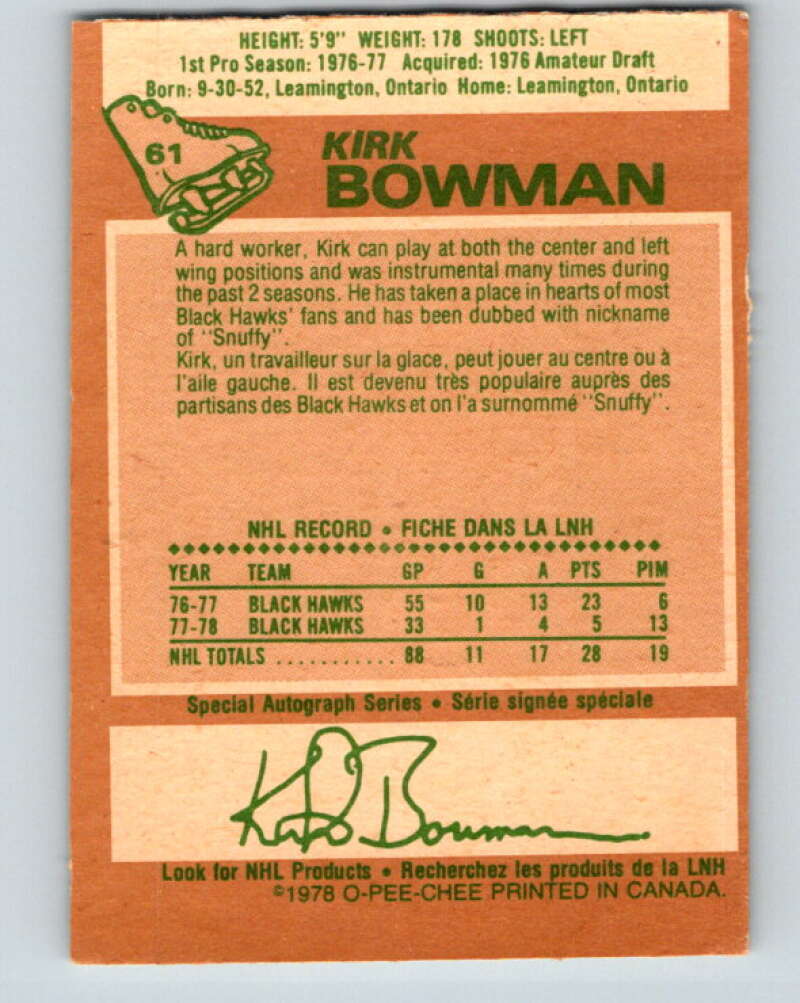 1978-79 O-Pee-Chee #61 Kirk Bowman Chicago Blackhawks V21708