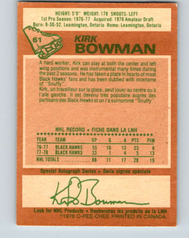1978-79 O-Pee-Chee #61 Kirk Bowman Chicago Blackhawks V21710