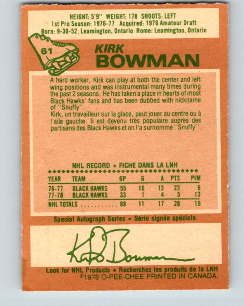 1978-79 O-Pee-Chee #61 Kirk Bowman Chicago Blackhawks V21716