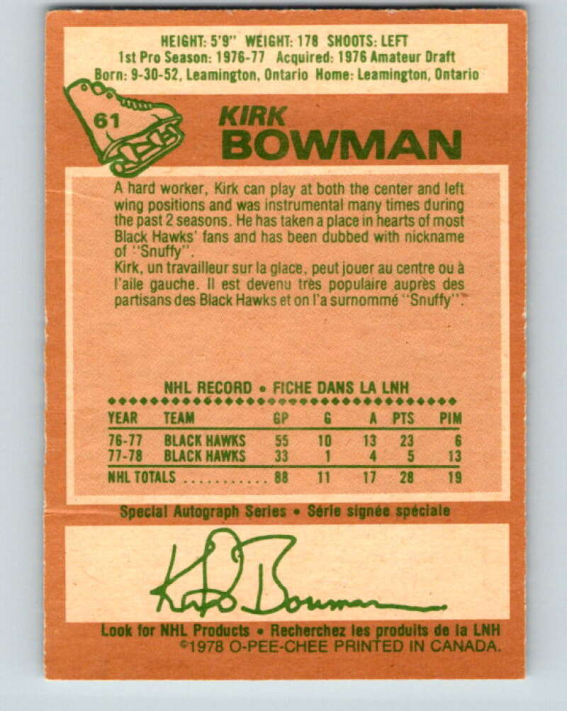1978-79 O-Pee-Chee #61 Kirk Bowman Chicago Blackhawks V21718