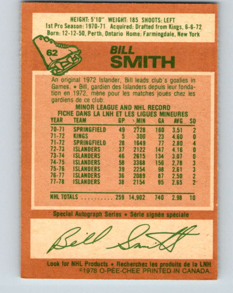 1978-79 O-Pee-Chee #62 Billy Smith New York Islanders V21719