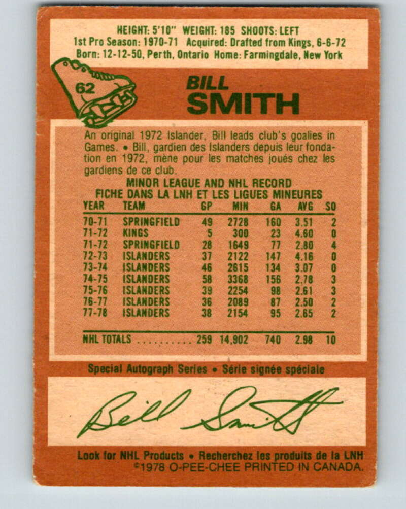 1978-79 O-Pee-Chee #62 Billy Smith New York Islanders V21720