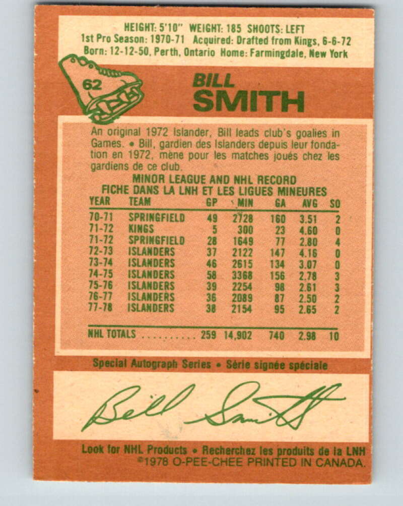 1978-79 O-Pee-Chee #62 Billy Smith New York Islanders V21721
